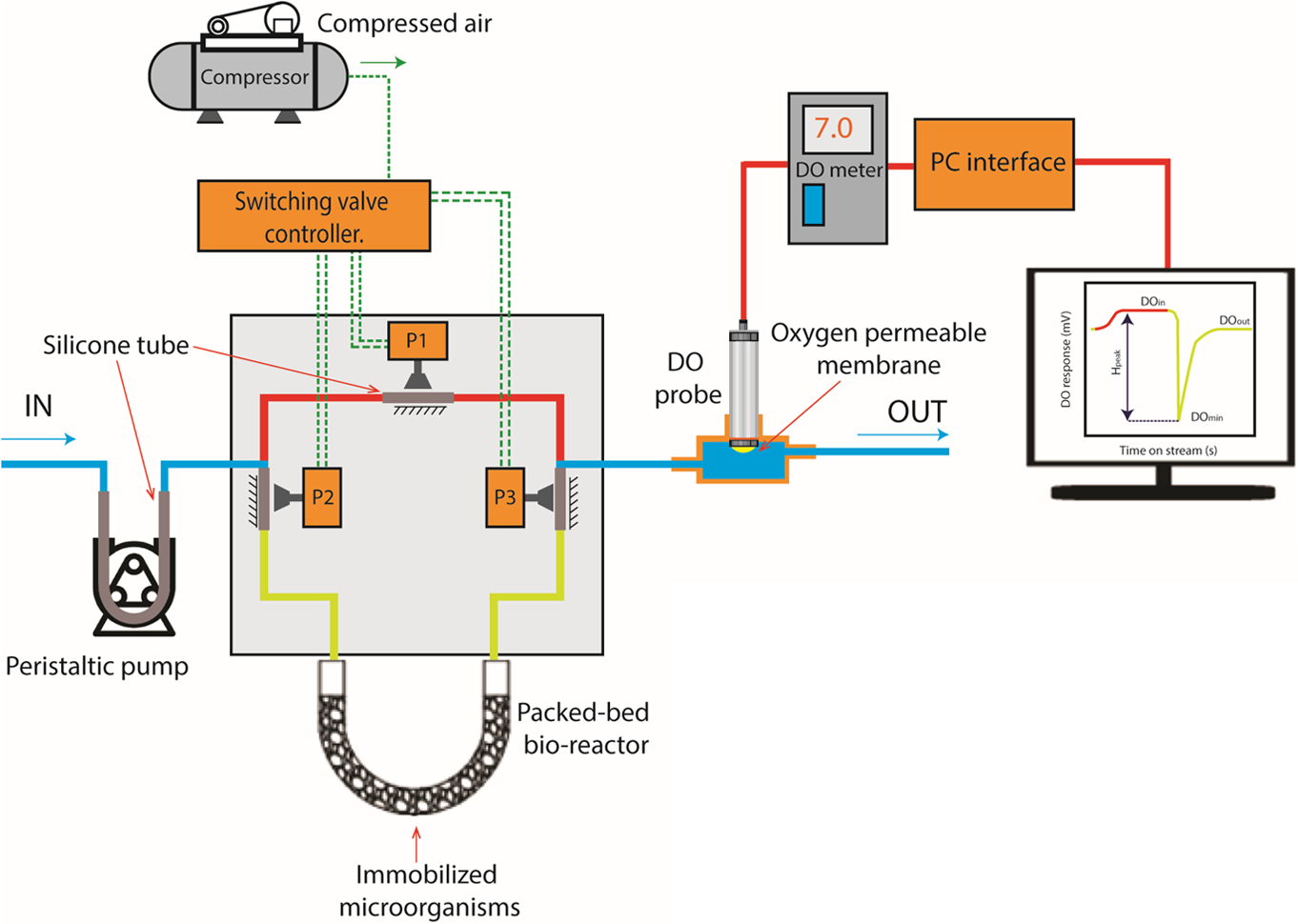 Schematic diagram of the BOD sensing system based on a packed-bed bioreactor (PBBR)