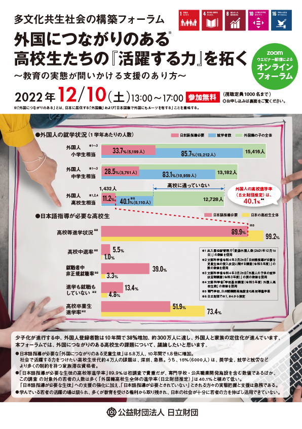 「外国につながりのある高校生たちの「活躍する力」を拓く～教育の実態が問いかける支援のあり方～」　チラシ